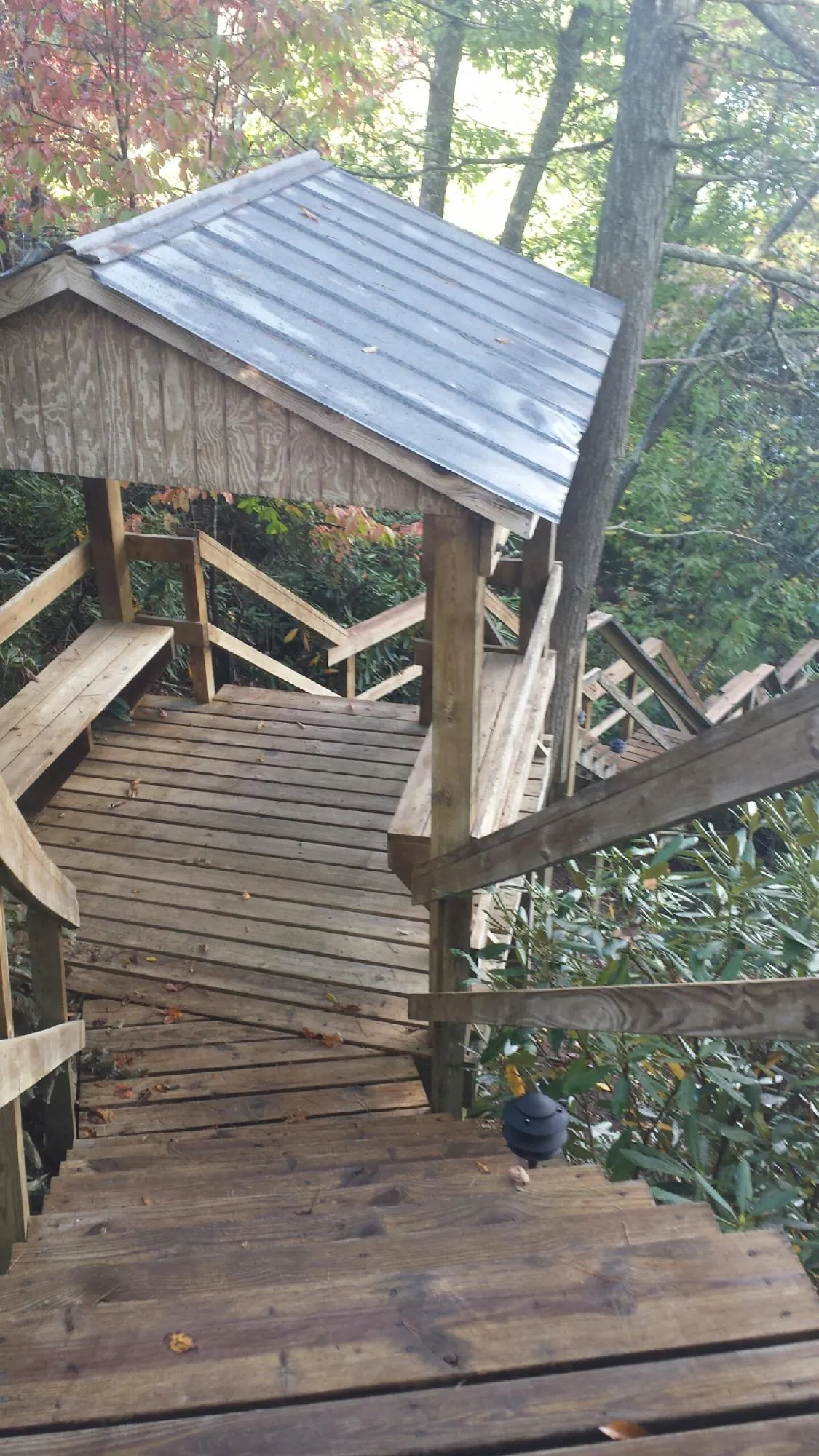 Metal roofed shelter over wooden steps on a wooded walkway — Skylight Repair & Installation work by our crew in Rolling Prairie